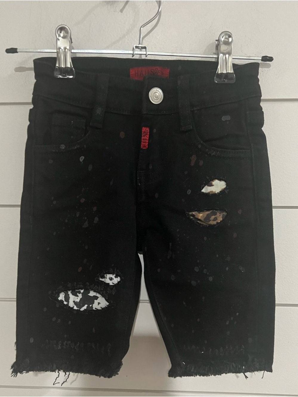 Kids Black Distressed Denim Shorts with Patch Details
